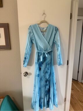 Light Blue Pleated Wrap Maxi Dress